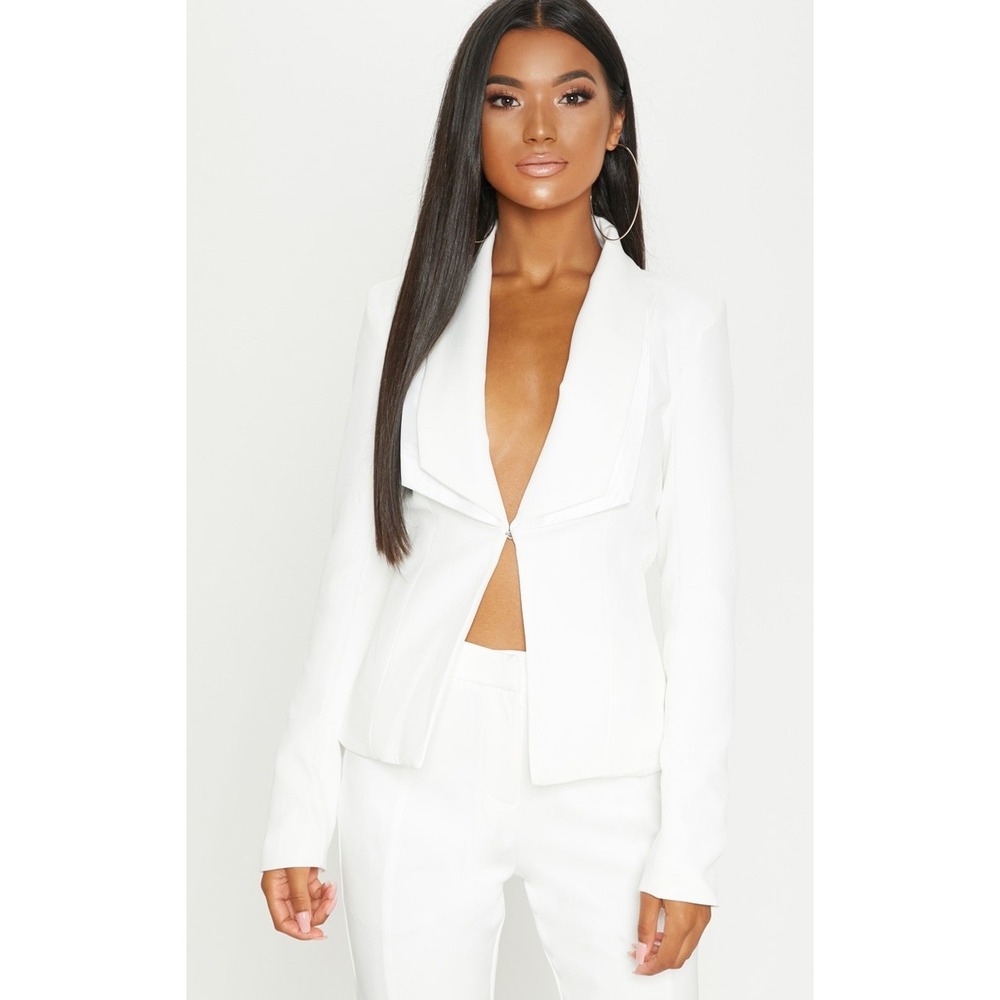 New PRETTYLITTLETHING White Cream Shawl Collar Blazer Jacket Suit Womens 4